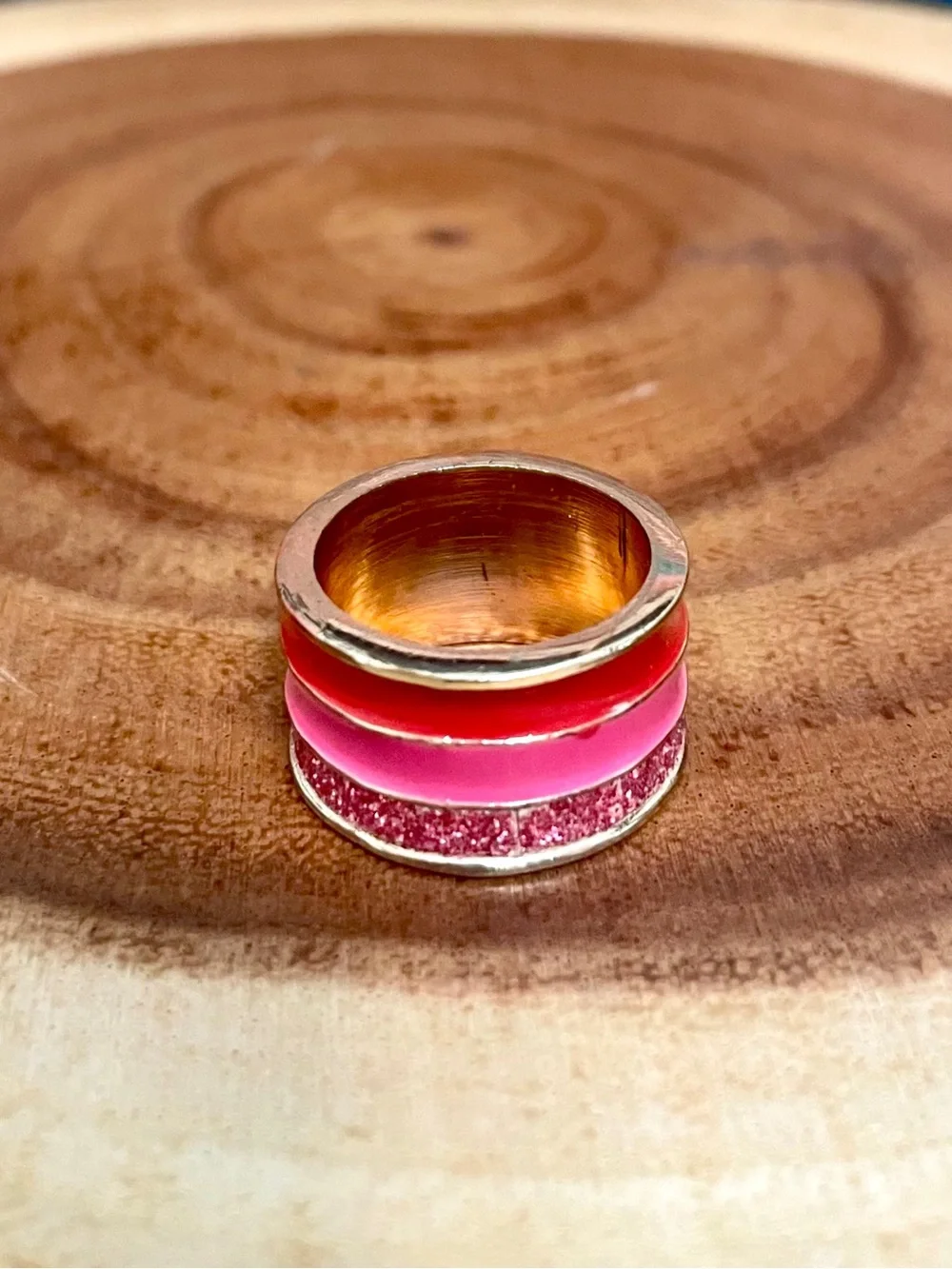 Vintage Triple Stacked Pink Enamel And Glitter Chunky Band Ring
